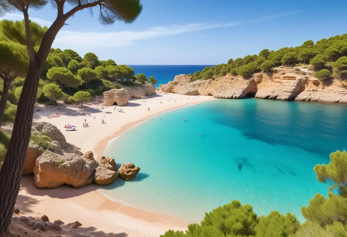 Upptäck lugna stranden Cala Pi Mallorca för familjen illustration